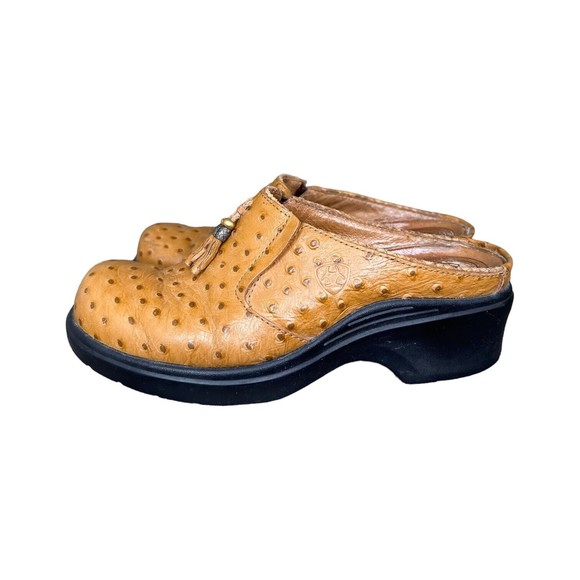 Ariat Mules Clogs Brown Leather Ostrich Print Slip On Western Shoes Women's 8.5 - Picture 2 of 15